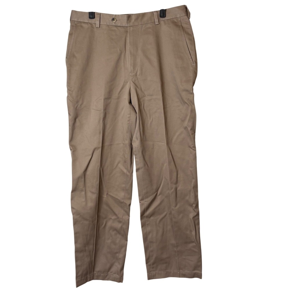 Jos A Bank Traveler Chinos 34x34 Khaki Flat Front Pants Cotton Tailored Fit Ivy